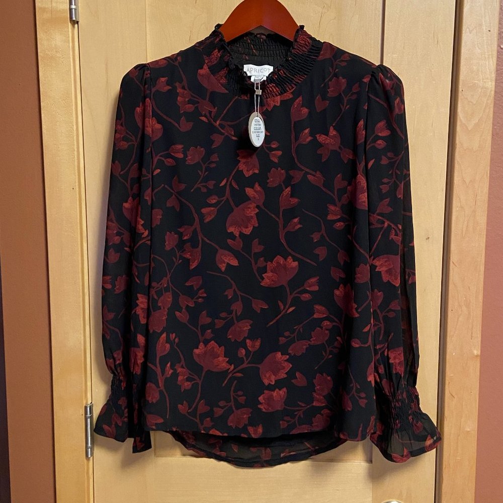 NWT! APRICOT Black Blouse with Burgundy Floral Print: Size 6